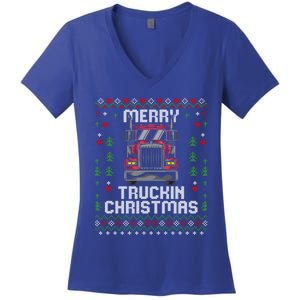 Trucker Truck Driver Ugly Xmas Merry Trucking Christmas Gift Women's V-Neck T-Shirt