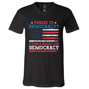 Threat To Democracy I Took A Bullet For Democracy Trump 2024 V-Neck T-Shirt