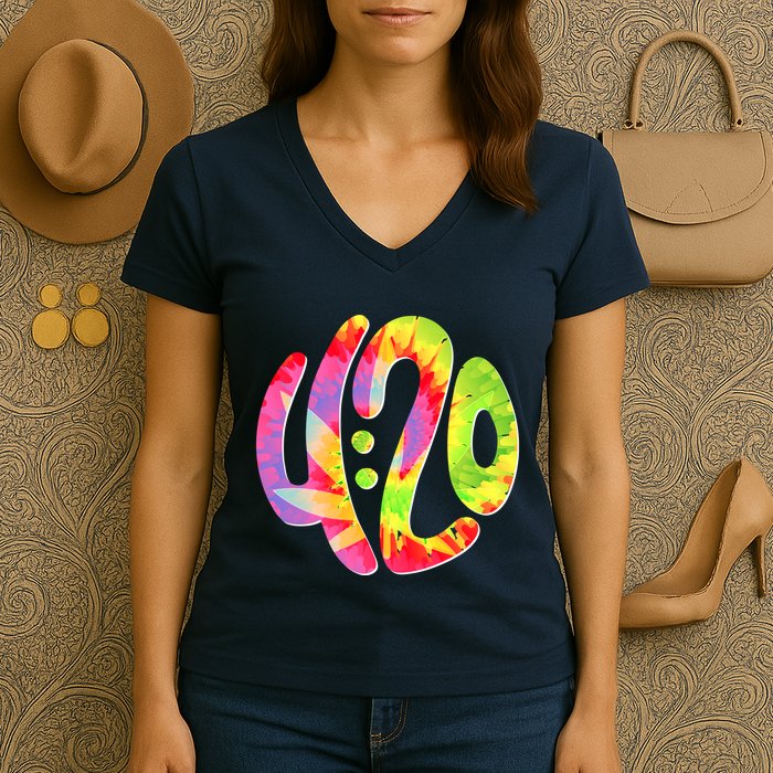 Trippy Tie Dye 4 20 Four Twenty Women's V-Neck T-Shirt