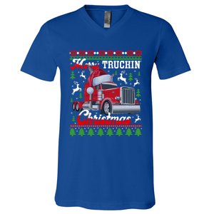 Trucker Truck Driver Ugly Xmas Merry Trucking Christmas Gift V-Neck T-Shirt