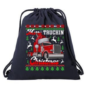 Trucker Truck Driver Ugly Xmas Merry Trucking Christmas Gift Drawstring Bag