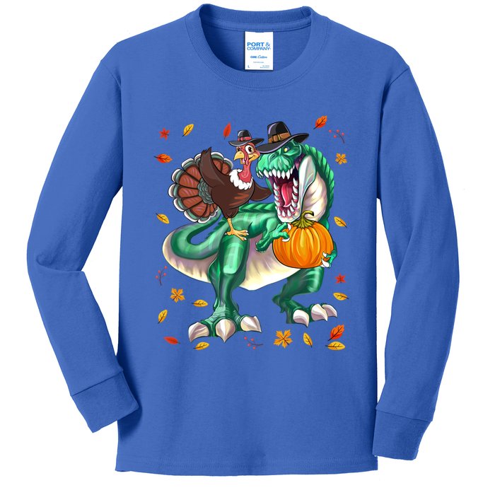 Thanksgiving Turkey Dinosaur T Rex Autumn Fall Boys Funny Gift Kids Long Sleeve Shirt