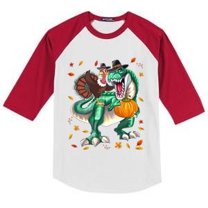 Thanksgiving Turkey Dinosaur T Rex Autumn Fall Boys Funny Gift Kids Colorblock Raglan Jersey