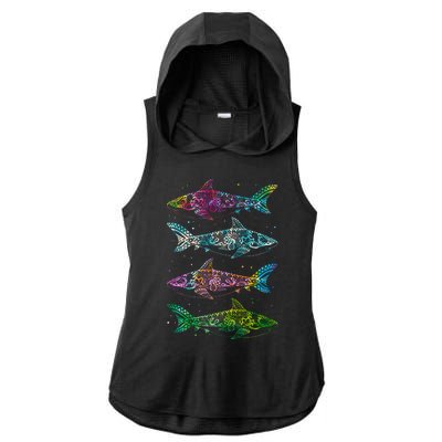 Tattoo Tie Dye Sharks Ladies PosiCharge Tri-Blend Wicking Draft Hoodie Tank