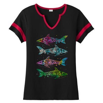 Tattoo Tie Dye Sharks Ladies Halftime Notch Neck Tee