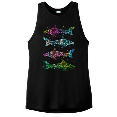 Tattoo Tie Dye Sharks Ladies PosiCharge Tri-Blend Wicking Tank