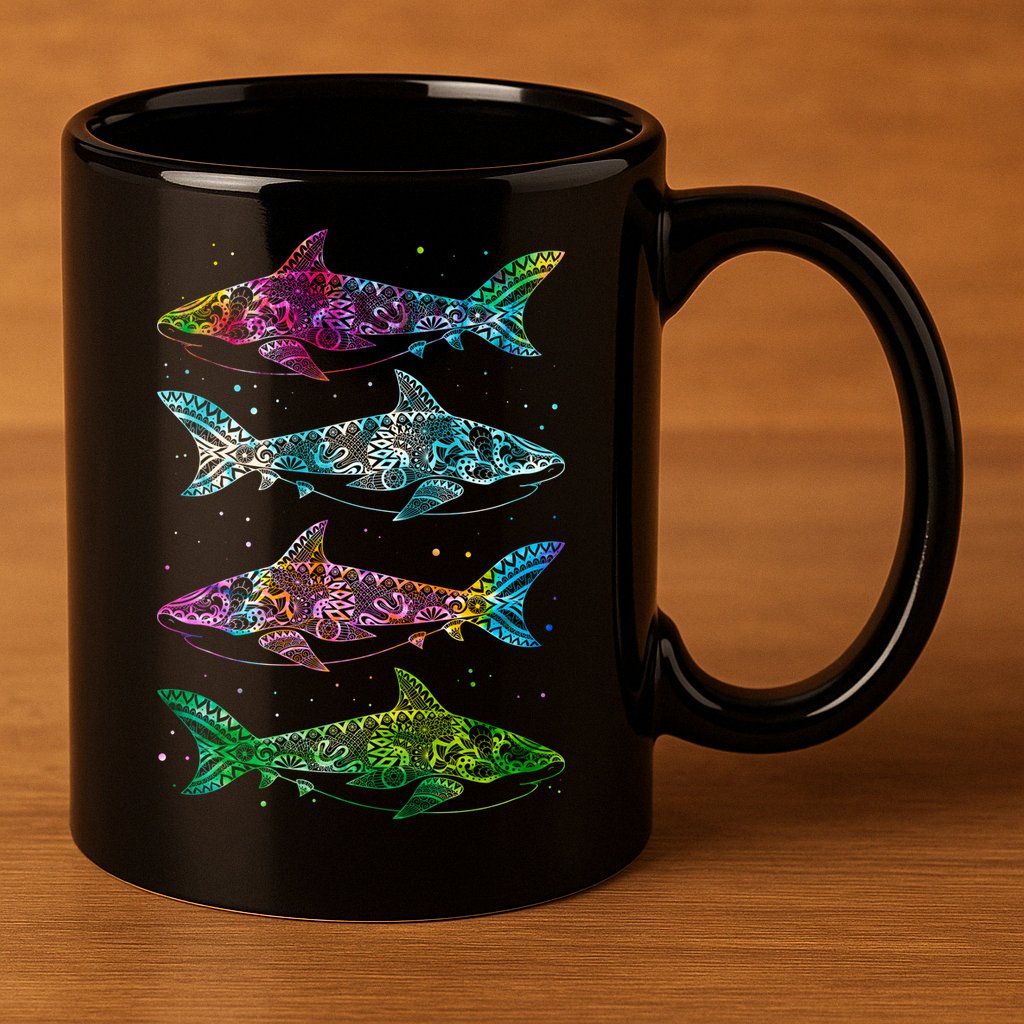 Tattoo Tie Dye Sharks 11oz C Handle Ceramic Mug