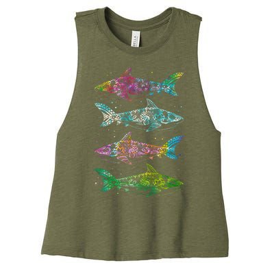 Tattoo Tie Dye Sharks Women's Racerback Cropped Tank