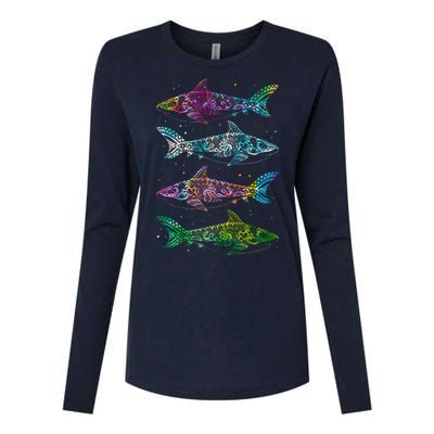 Tattoo Tie Dye Sharks Womens Cotton Relaxed Long Sleeve T-Shirt