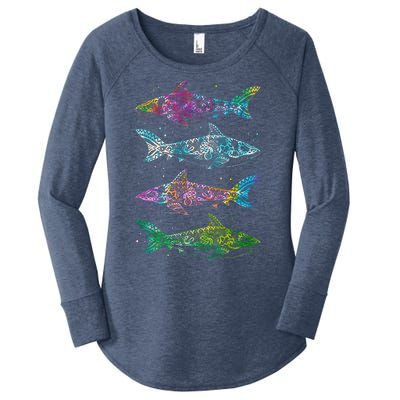 Tattoo Tie Dye Sharks Women's Perfect Tri Tunic Long Sleeve Shirt