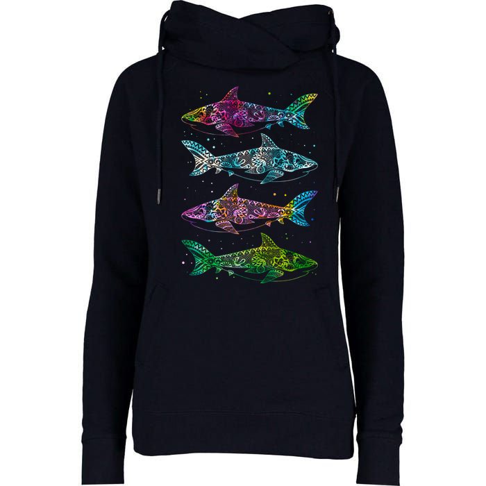 Tattoo Tie Dye Sharks Womens Funnel Neck Pullover Hood