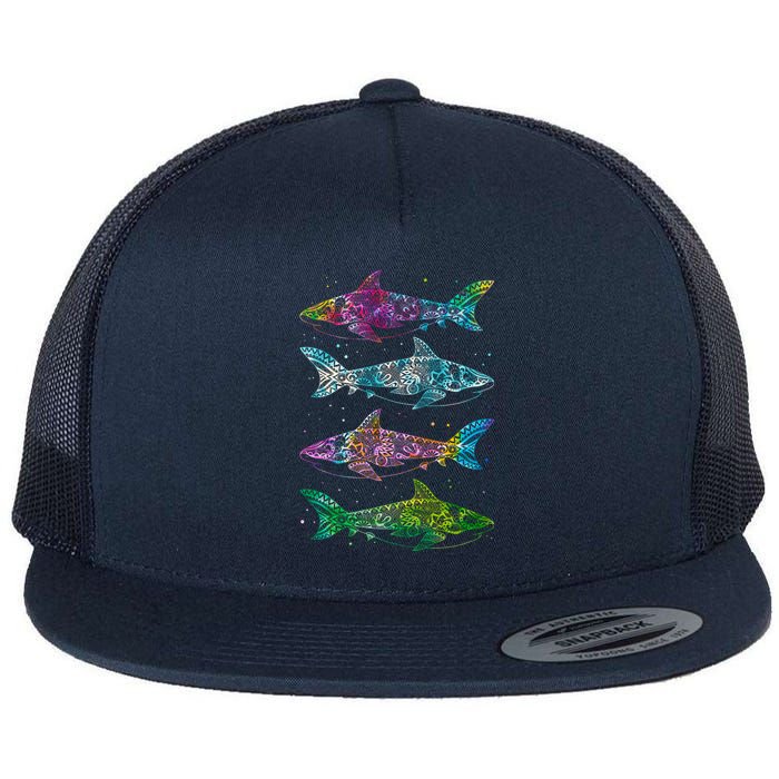 Tattoo Tie Dye Sharks Flat Bill Trucker Hat