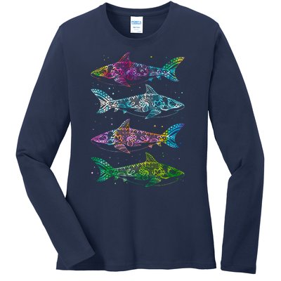 Tattoo Tie Dye Sharks Ladies Long Sleeve Shirt