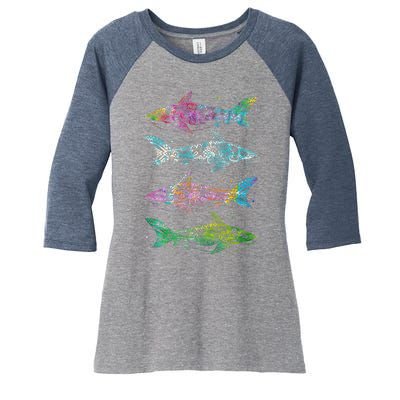 Tattoo Tie Dye Sharks Women's Tri-Blend 3/4-Sleeve Raglan Shirt