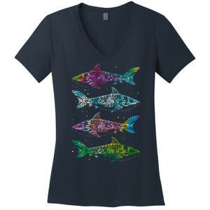 Tattoo Tie Dye Sharks Women's V-Neck T-Shirt