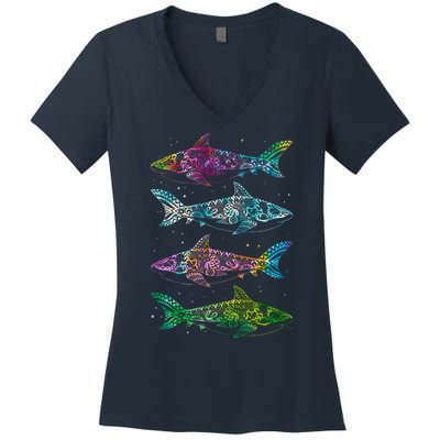 Tattoo Tie Dye Sharks Women's V-Neck T-Shirt