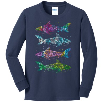 Tattoo Tie Dye Sharks Kids Long Sleeve Shirt