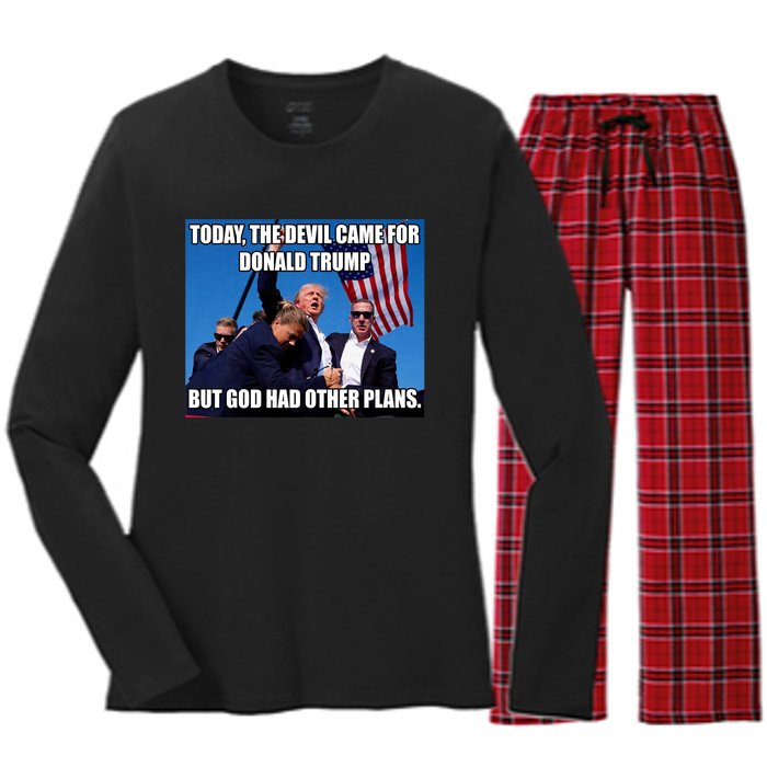 Today The Devil Came For Trump But God Had Other Plans Trump Shot Fist Rally Women's Long Sleeve Flannel Pajama Set 