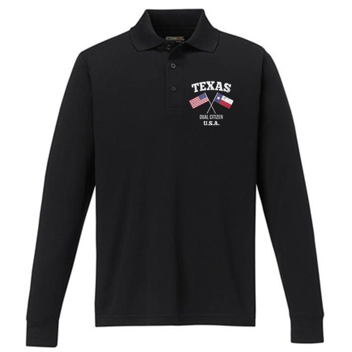 True Texan Dual Citizen Love Texas And America Performance Long Sleeve Polo