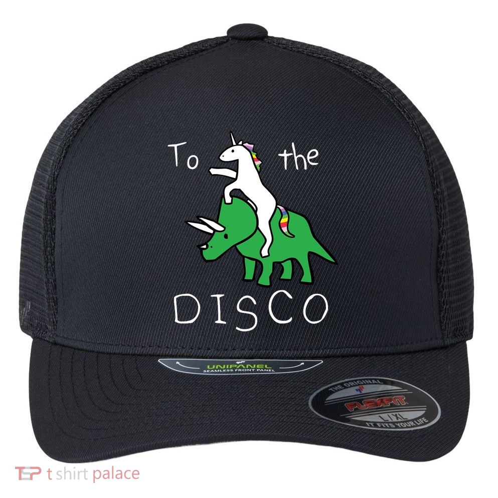 To The Disco 80s Party Unicorn Dino Disco Flexfit Unipanel Trucker Cap