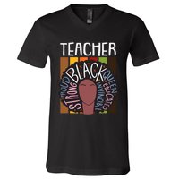 Teacher Thanksgiving Day Retro Afro Queen Black History V-Neck T-Shirt