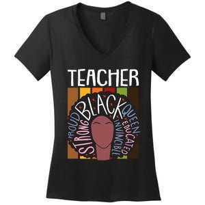 Teacher Thanksgiving Day Retro Afro Queen Black History Women's V-Neck T-Shirt