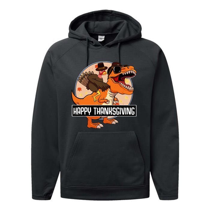 Thanksgiving Turkey Dinosaur Ride Fun and Cool Holiday Performance Fleece Hoodie