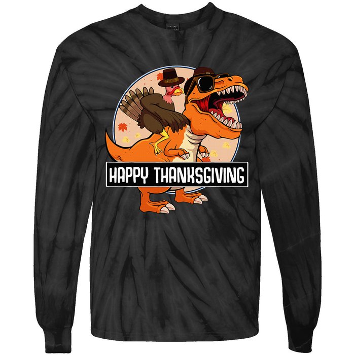 Thanksgiving Turkey Dinosaur Ride Fun and Cool Holiday Tie-Dye Long Sleeve Shirt