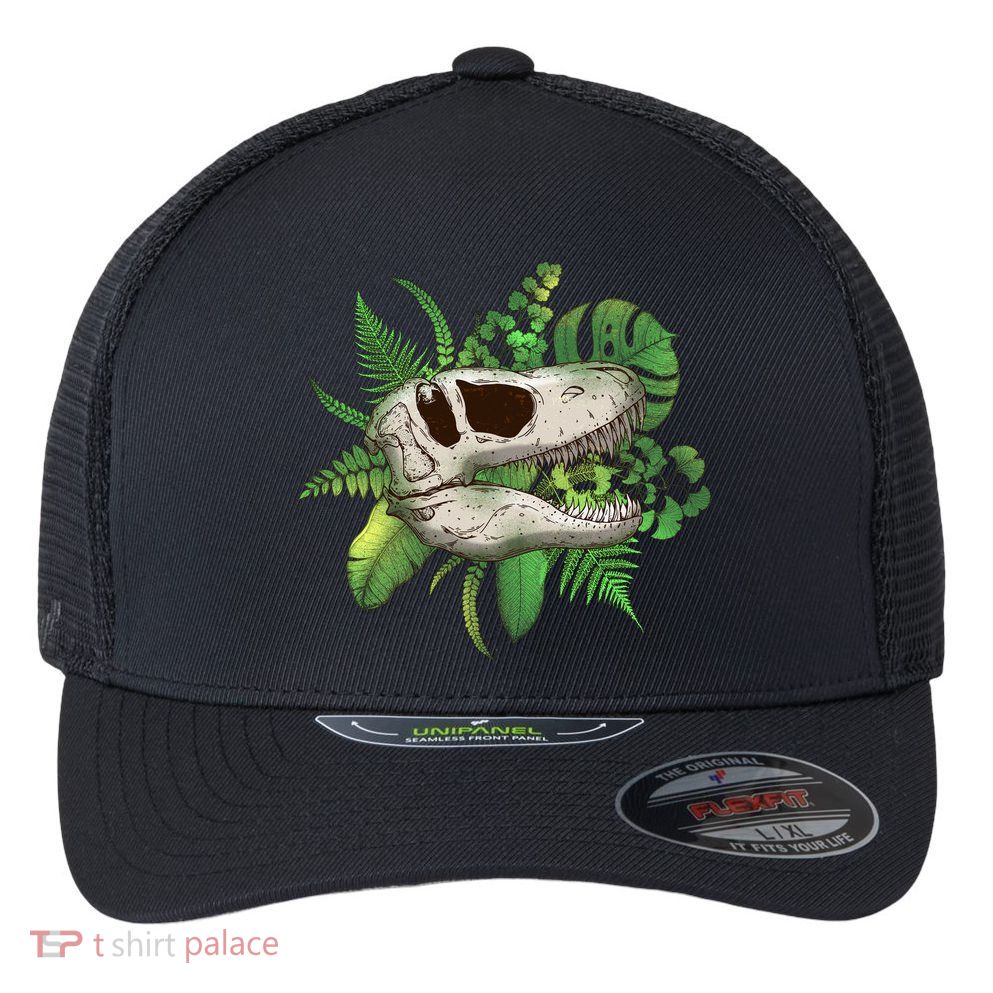 Tropical TRex Dinosaur Skull Flexfit Unipanel Trucker Cap