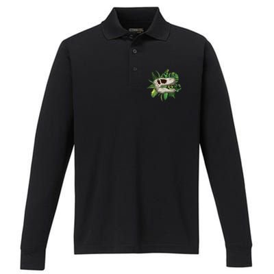 Tropical TRex Dinosaur Skull Performance Long Sleeve Polo