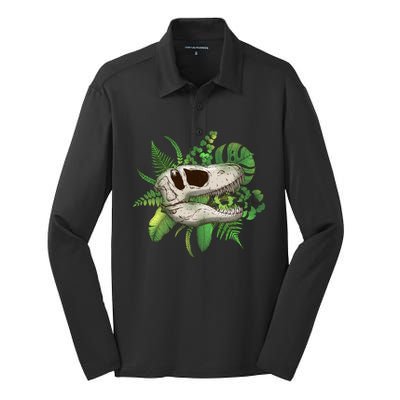 Tropical TRex Dinosaur Skull Silk Touch Performance Long Sleeve Polo