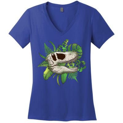 Tropical TRex Dinosaur Skull Women's V-Neck T-Shirt