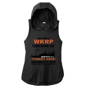 Thanksgiving Turkey Drop Wkrp Ladies PosiCharge Tri-Blend Wicking Draft Hoodie Tank