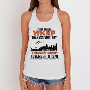 Thanksgiving Turkey Drop Wkrp Women's Knotted Racerback Tank