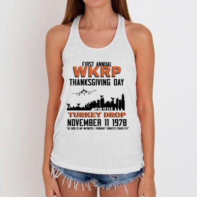 Thanksgiving Turkey Drop Wkrp Women's Knotted Racerback Tank