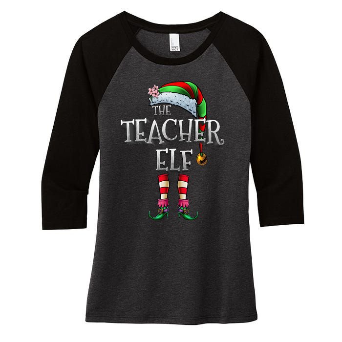 The Teacher Elf  Matching Family Funny Christmas Elf Women's Tri-Blend 3/4-Sleeve Raglan Shirt