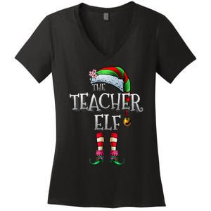 The Teacher Elf  Matching Family Funny Christmas Elf Women's V-Neck T-Shirt