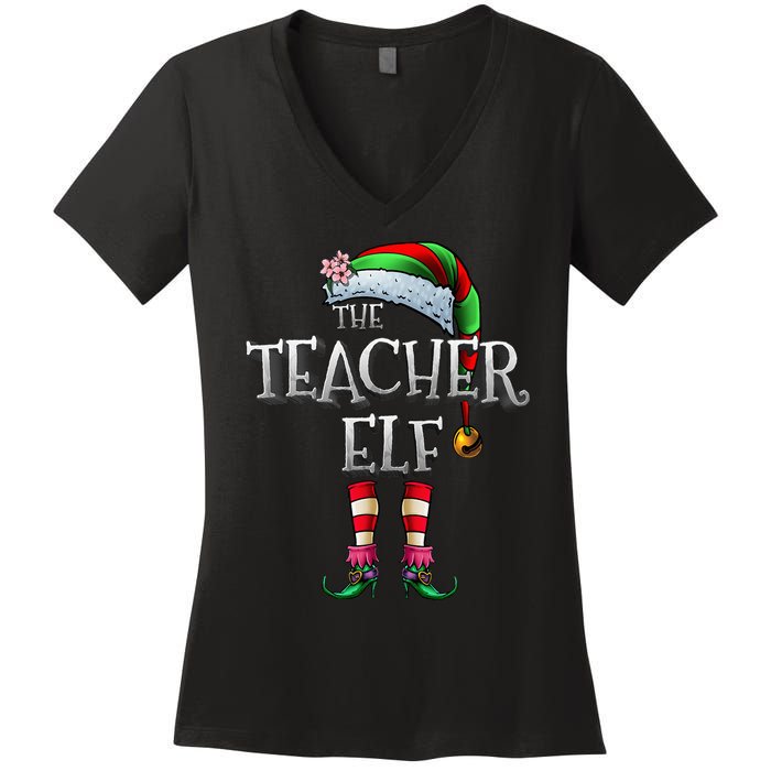 The Teacher Elf  Matching Family Funny Xmas Women's V-Neck T-Shirt