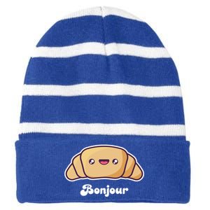 Trip To France Cute French Gift Bonjour Croissant Funny Gift Striped Beanie with Solid Band