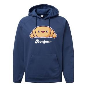 Trip To France Cute French Gift Bonjour Croissant Funny Gift Performance Fleece Hoodie