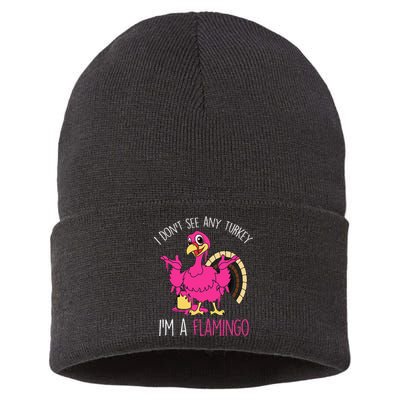 Thanksgiving Turkey Flamingo Pun Hilarious Holiday Sustainable Knit Beanie