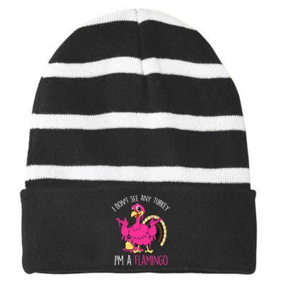 Thanksgiving Turkey Flamingo Pun Hilarious Holiday Striped Beanie with Solid Band