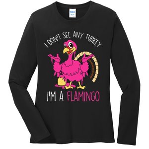 Thanksgiving Turkey Flamingo Pun Hilarious Holiday Ladies Long Sleeve Shirt