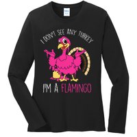 Thanksgiving Turkey Flamingo Pun Hilarious Holiday Ladies Long Sleeve Shirt