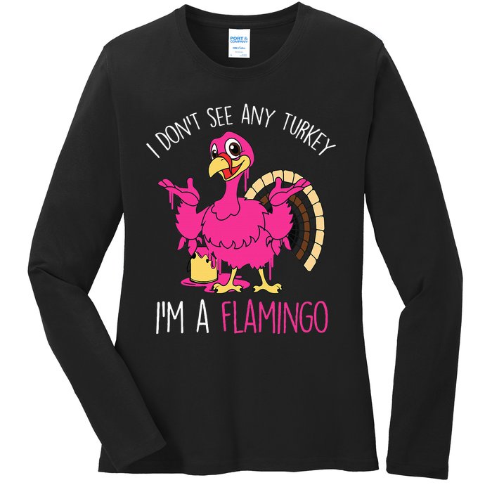 Thanksgiving Turkey Flamingo Pun Hilarious Holiday Ladies Long Sleeve Shirt