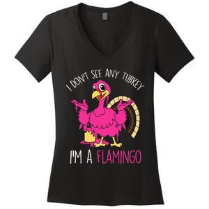 Thanksgiving Turkey Flamingo Pun Hilarious Holiday Women's V-Neck T-Shirt