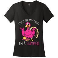 Thanksgiving Turkey Flamingo Pun Hilarious Holiday Women's V-Neck T-Shirt