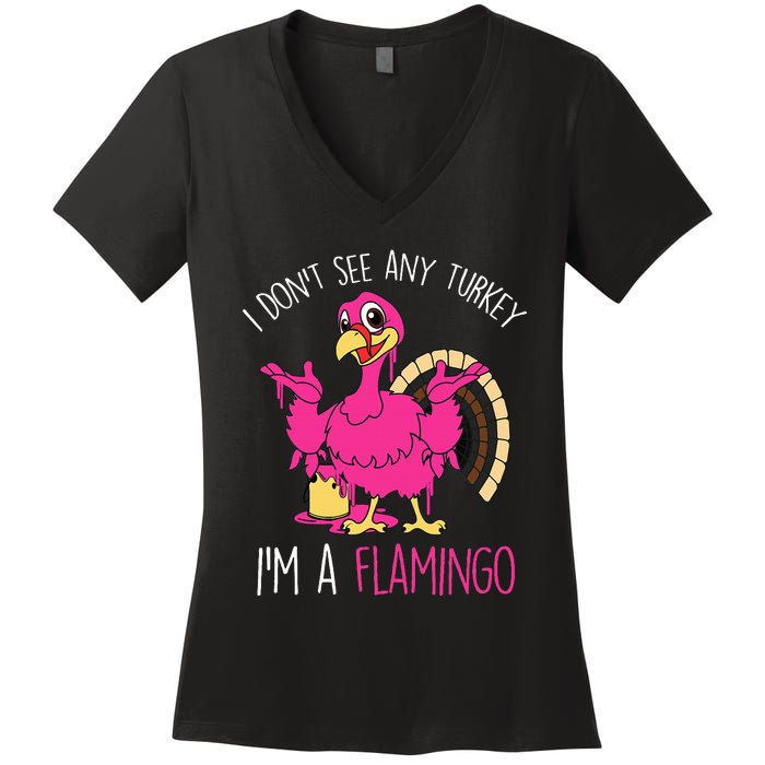 Thanksgiving Turkey Flamingo Pun Hilarious Holiday Women's V-Neck T-Shirt