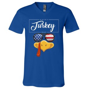 Thanksgiving Turkey Face American Glasses Happy Turkey Day Great Gift V-Neck T-Shirt