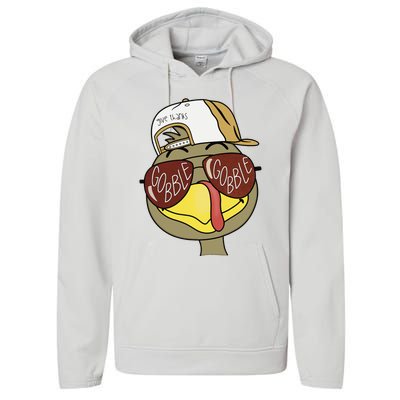 Thanksgiving Turkey Face With Gobble Sunglasses & Cap Performance Fleece Hoodie